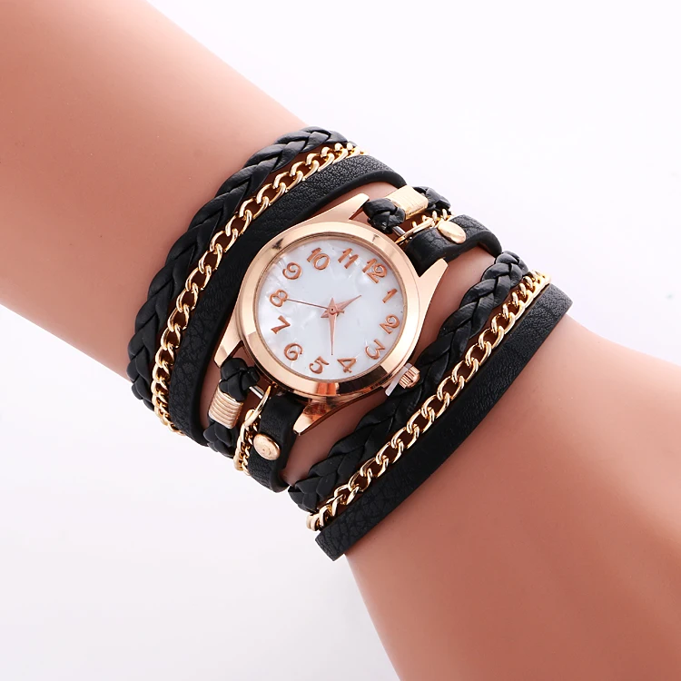 

Wholesale hot Fashion Colorful Vintage women watches Weave Wrap Rivet ladies Leather Bracelet wristwatches chain dress watches