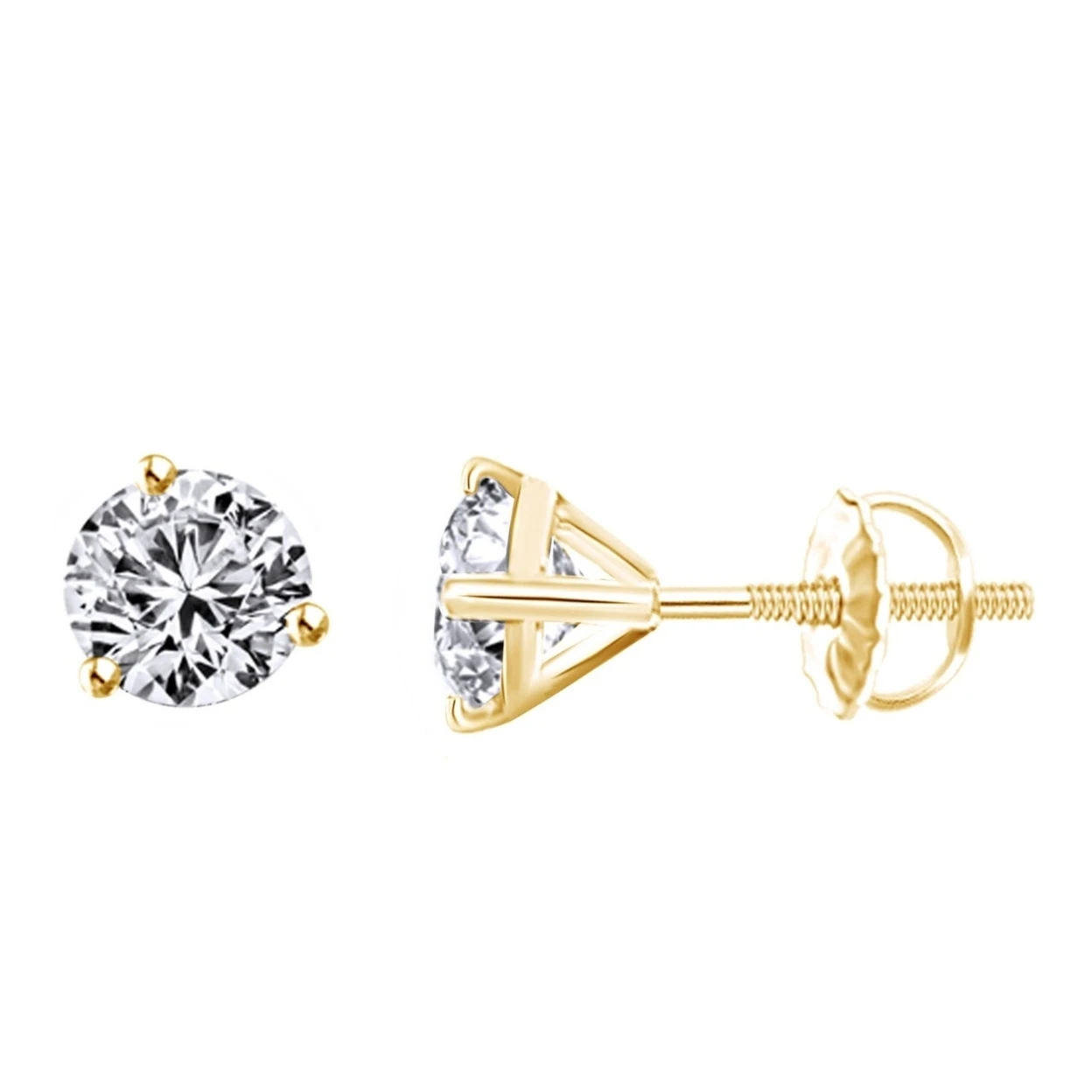 1 ct Round Cut Stud Earrings 3-Prong Martini Setting 14k Yellow Gold Screw Back #With Free Stud