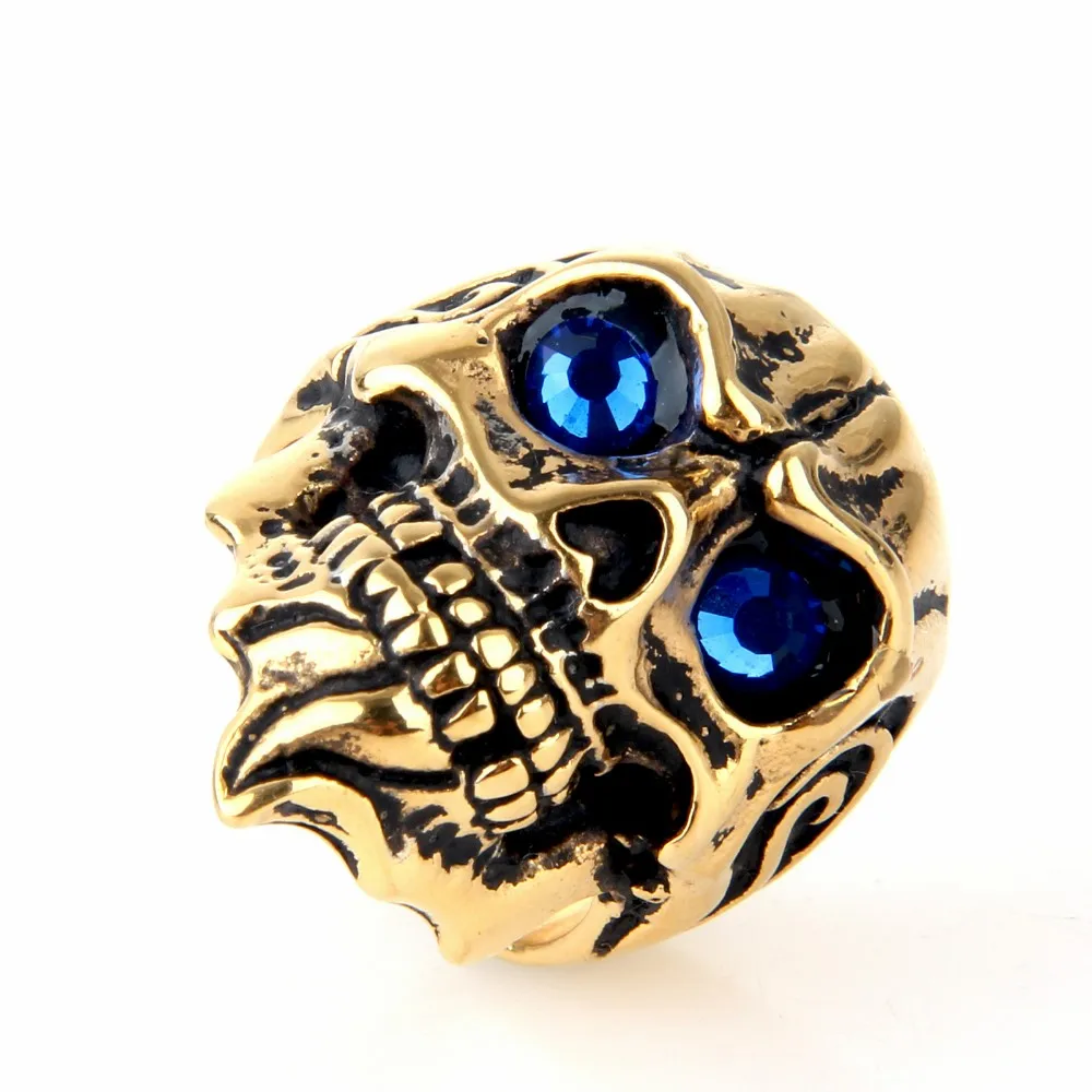 Pria Punk Keren Tengkorak Mata Biru Api 316L Stainless Steel Biker