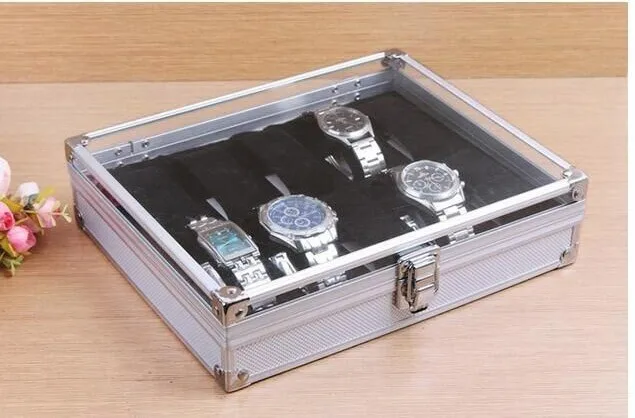 ; набор из 10 слотов дисплей наручных часов коробка для хранения Подставка Органайзер часы Дисплей квадратная коробка алюминиевый Горячая Worldwide12