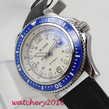 

44mm Bliger White Dial Leather strap Luminous Hands Rotating Bezel Calendar Steel Case Luxury Automatic Movement men's Watch