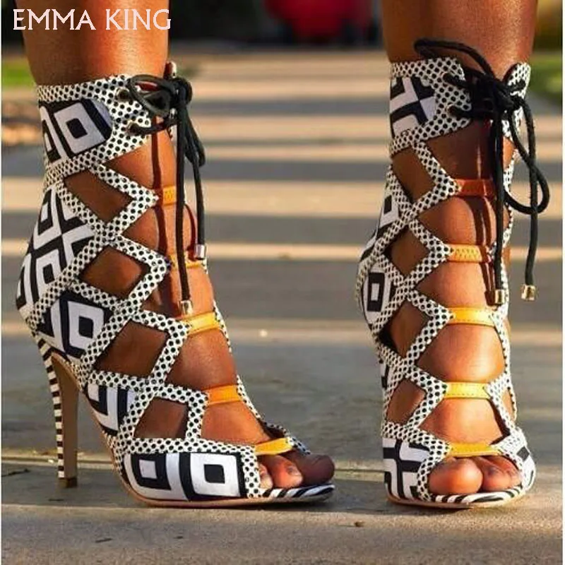 

EMMA KING Spring/Summer Mixed Colors Sexy Roman Cross-Tied Open Toe High Heel Sandals Fashion Shoes woman heels Plus Size35-43