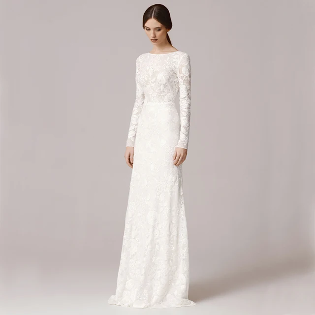FW1252 Vintage Dentelle À Manches Longues Gaine Robes De Mariée 2016 avec Scoop Cou Dos Nu