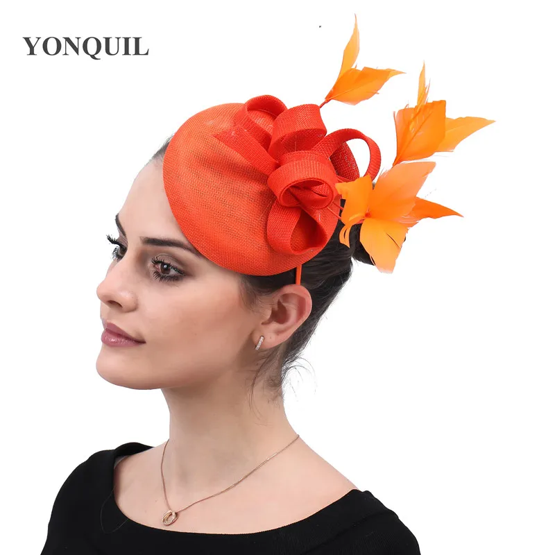 

New Women orange Fascinator Fashion Ribbons Female Wedding Party Fedora Hat Penny Mesh Featehrs Hats Amazing accessories SYF570