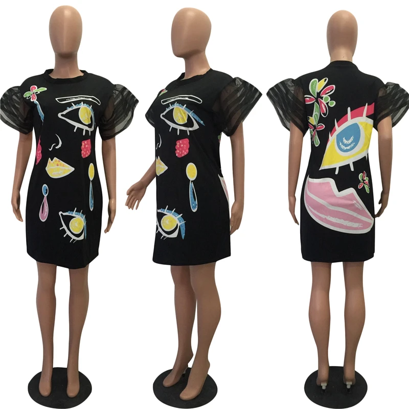 Adogirl/Стильное повседневное мини-платье из органзы с принтом глаз и губ, свободные короткие платья с коротким рукавом для ночного клуба размера плюс Vestidos