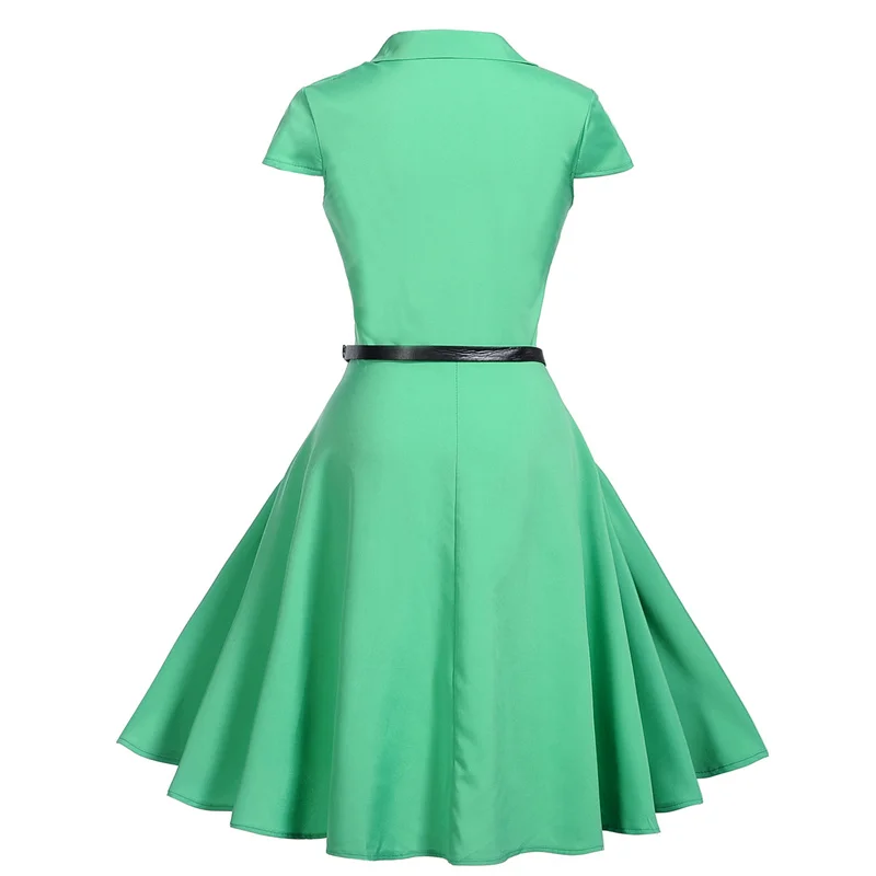 Kostlich Turn-down Collar Solid Color Dresses Hepburn Vintage Short Sleeve Dress Women Big Swing Dress S-2XL With Sashes (12)