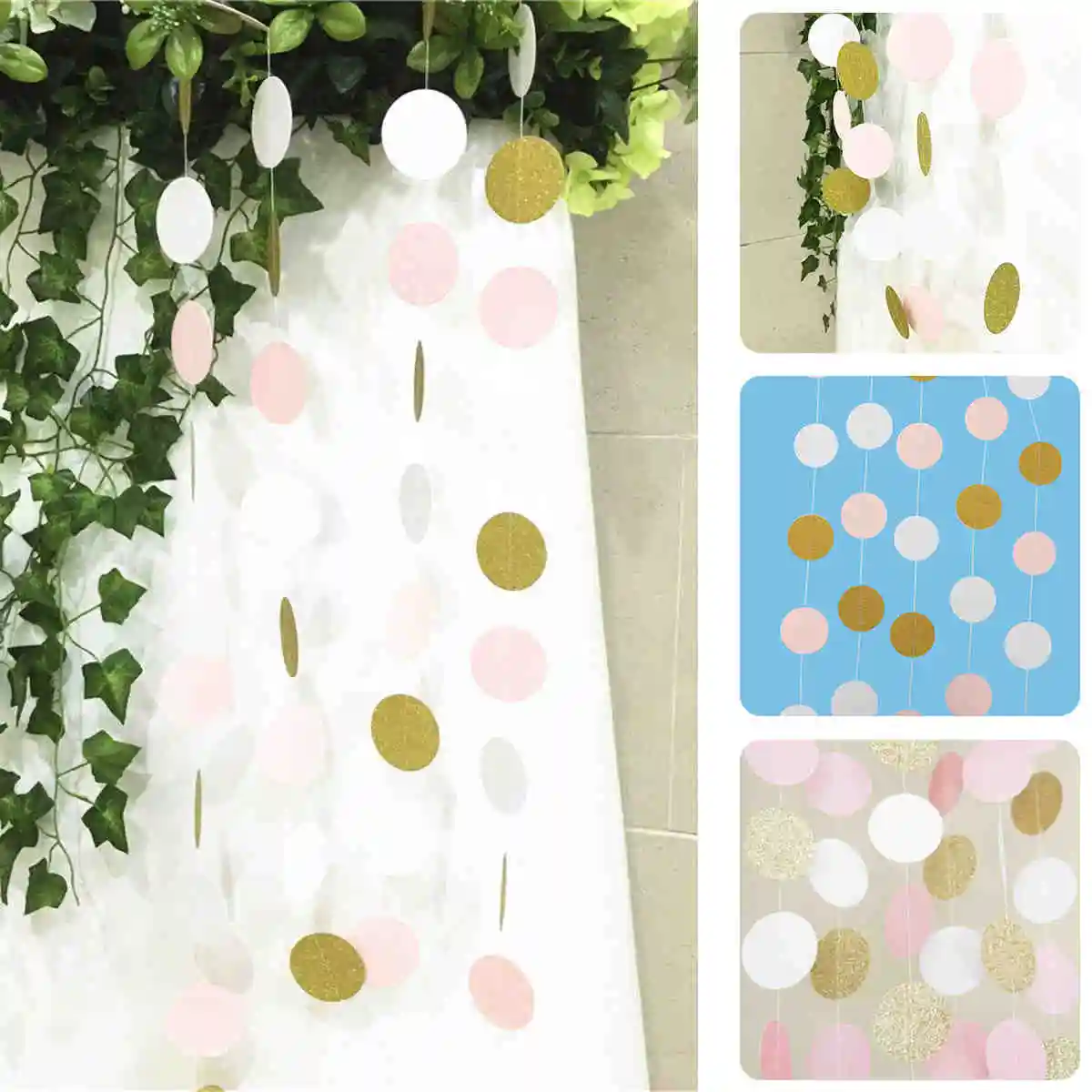 300Cm Rosa Bianco E Oro Glitter Circle Polka Dots Paper Garland Banner 10Ft New Decor