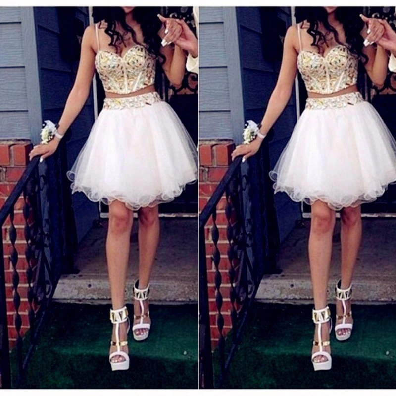 white and gold two piece prom dress
