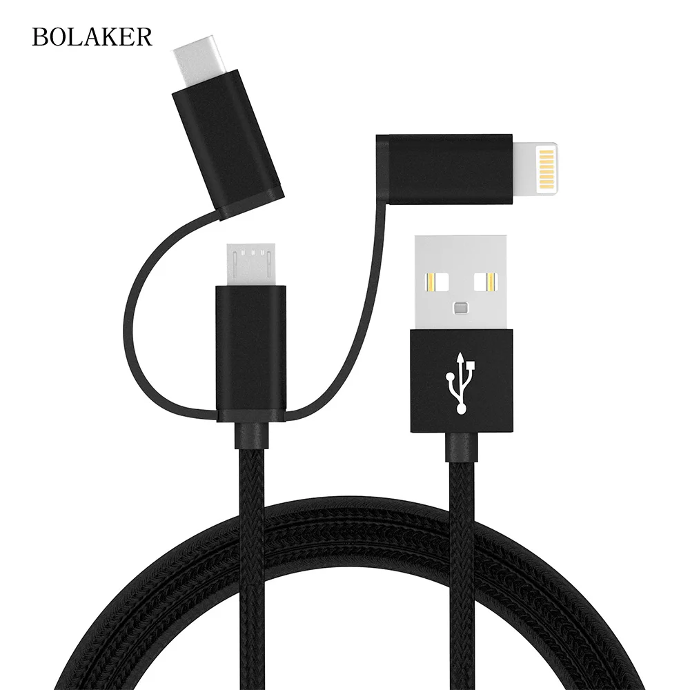 

BOLAKER three-in-one multi-connector USB fast transfer charging cable data cable for Android iphone Type-c 2.4A/1000MM
