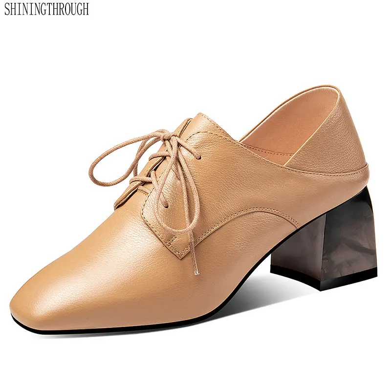 

New High Heels Pumps Genuine Leather Shoes Woman Ladies Sexy Chaussure Female Lace Up Casual Loafer Shoes Large Size 42