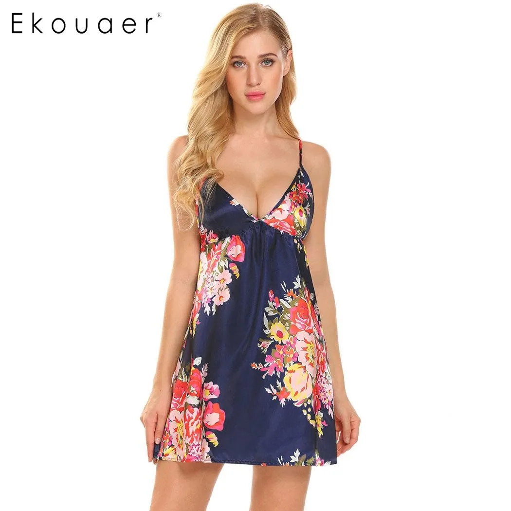 

Ekouaer Summer Sleep Nightgown Women Sexy Spaghetti Strap V-Neck Floral Satin Chemise Sleepwear Nightdress Sleepshirt Nighty