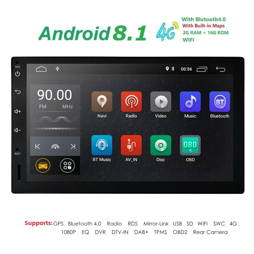 

2G RAM Android 8.1 Auto Radio Quad Core 7Inch 2DIN Universal Car NO DVD player GPS Stereo Audio Head unit Support DAB DVR OBD BT