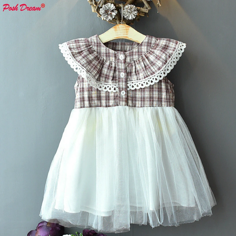 

POSH DREAM Cotton Plaid Girls Summer Dress New Chiffon Tulle Children Party Dress Clothes Little Girl Super Gauze Princess Dress