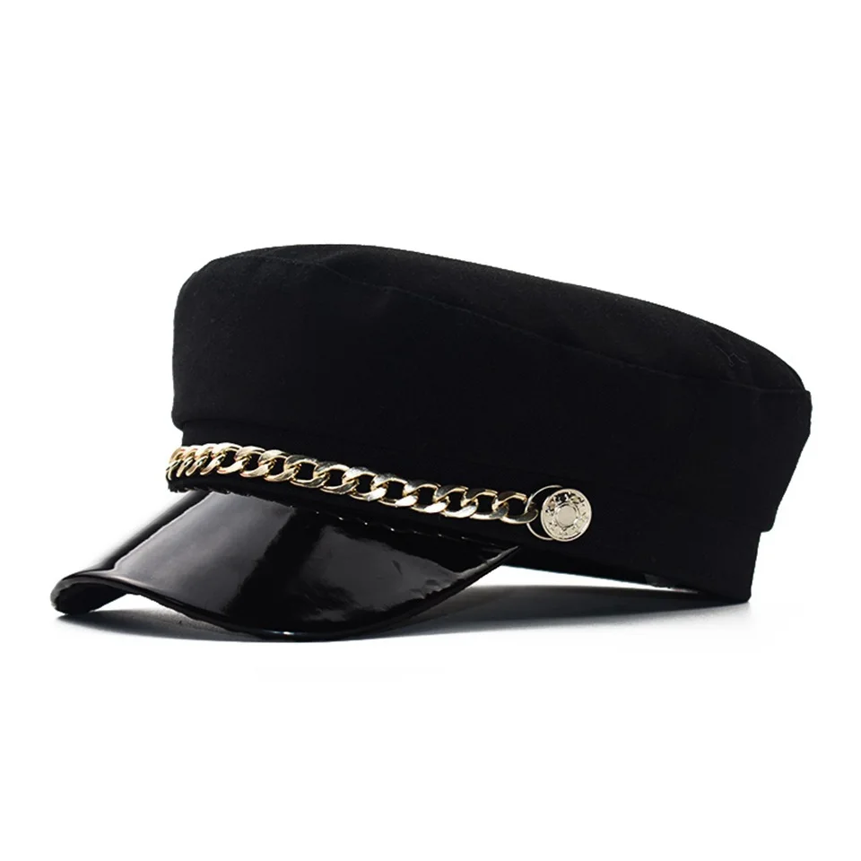 Женская шляпа весна 100% хлопок темно шляпа моды черная кожа фиксированной корону Серебряной Пряжкой Зимние теплые шапки-береты шапка