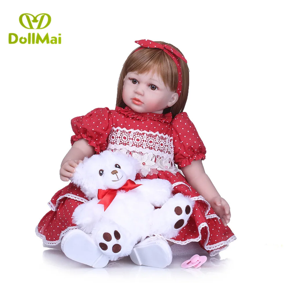 

Adorable doll reborn 58cm real baby girl silicone baby dolls for children gift red dress bear plush doll bebes reborn menina