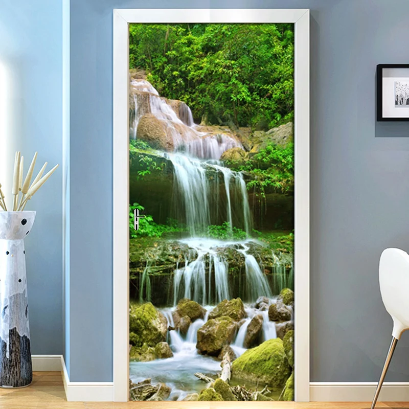 

3D Door Stickers Forest Water Waterfall Landscape Mural PVC Self-adhesive 3D Wallpaper For Living Room Bedroom Door Decor Decals