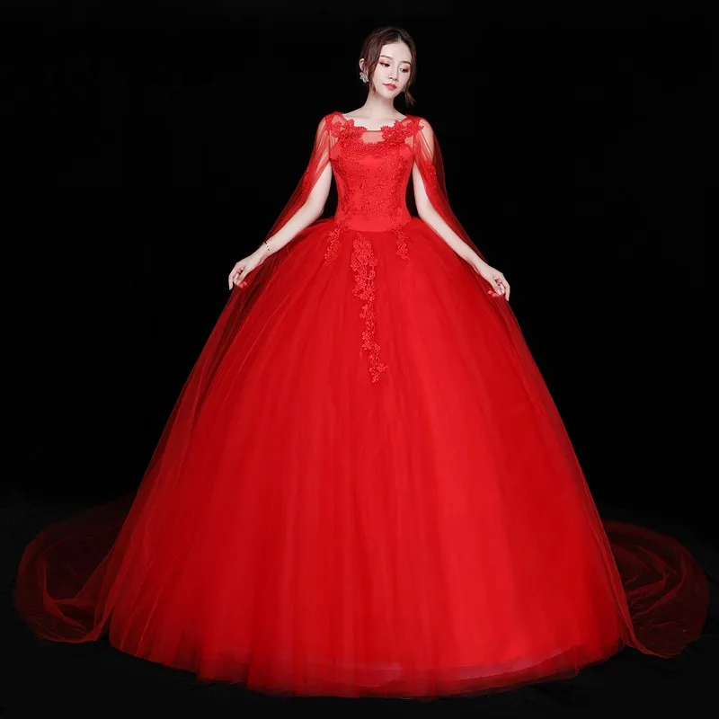 Это YiiYa свадебное платье красный шаль дизайн Свадебные платья Кружева Принцесса Свадебное бальное платье без рукавов с круглым вырезом