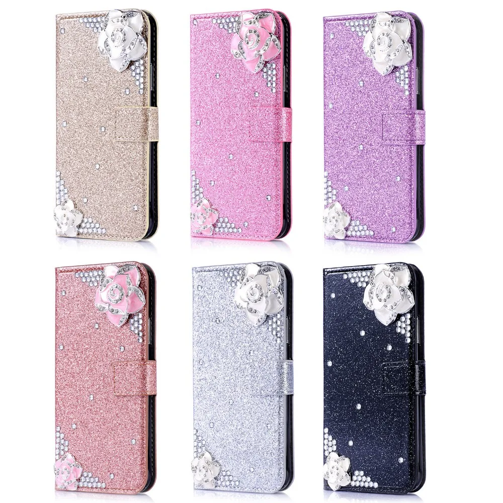 

Luxury Bling Rhinestone Camellia Wallet Shiny Card Slot Wallet Flip Leather Case For SamsungS6 S7 S8 S9 S10 PLUS NOTE 8 9 Capa
