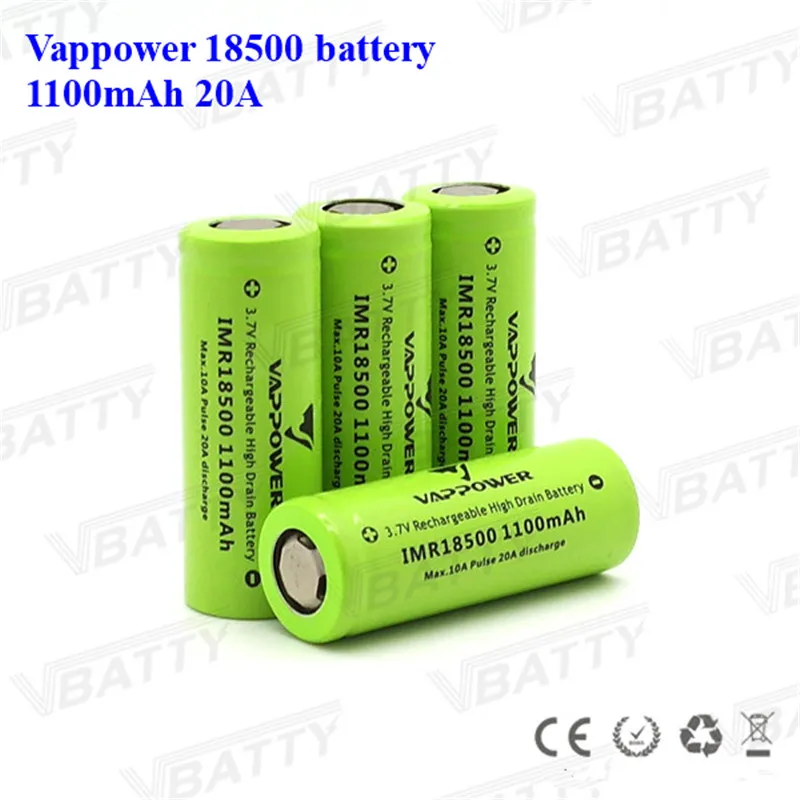 3,7 V 1100Mah IMR18500 литиевая аккумуляторная батарея Vappower 18500 1100mah 20A литий-ионная батарея для светодиодный фонариков