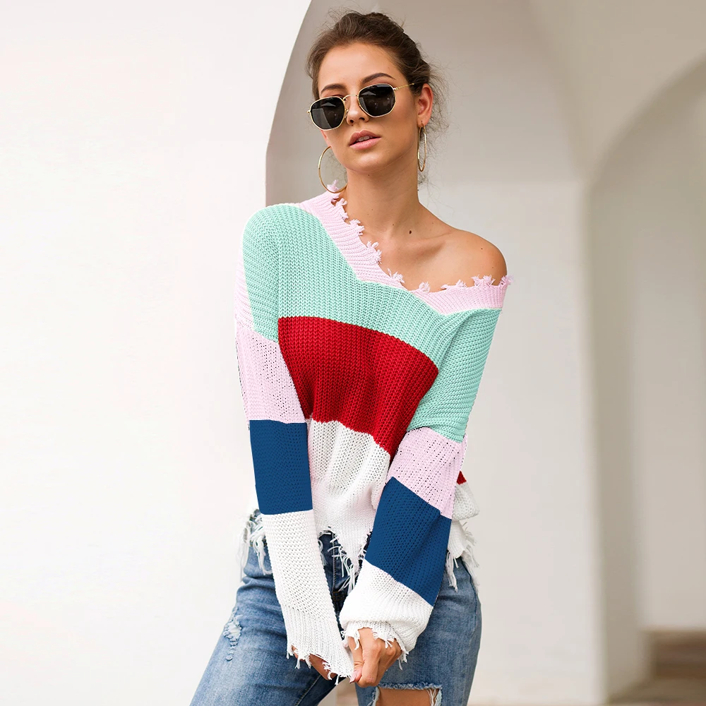 Rainbow Sweater Women Ripped V Neck Pullover and Sweater Long Sleeve Striped Autumn Knit Sweater
