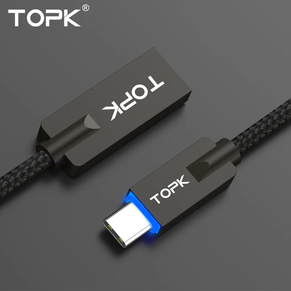 Topk светодиодный свет Тип c цинковый сплав Нейлон Плетеный USB 2.0A Тип-C кабель для