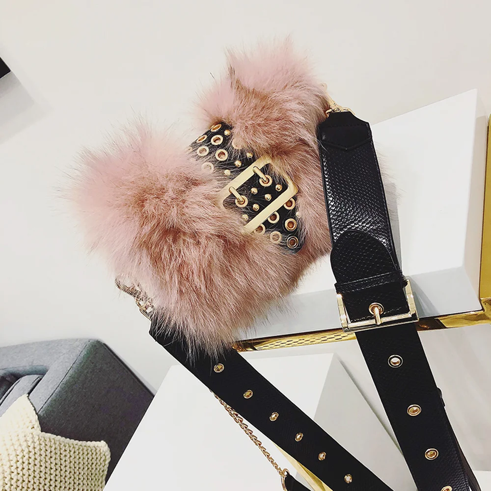 

2018 New Ins Style Fox Fur Wide Strap Patchwork Mental Elegant Stylish All-match Messenger Shoulder Women's Bags Cool Lady