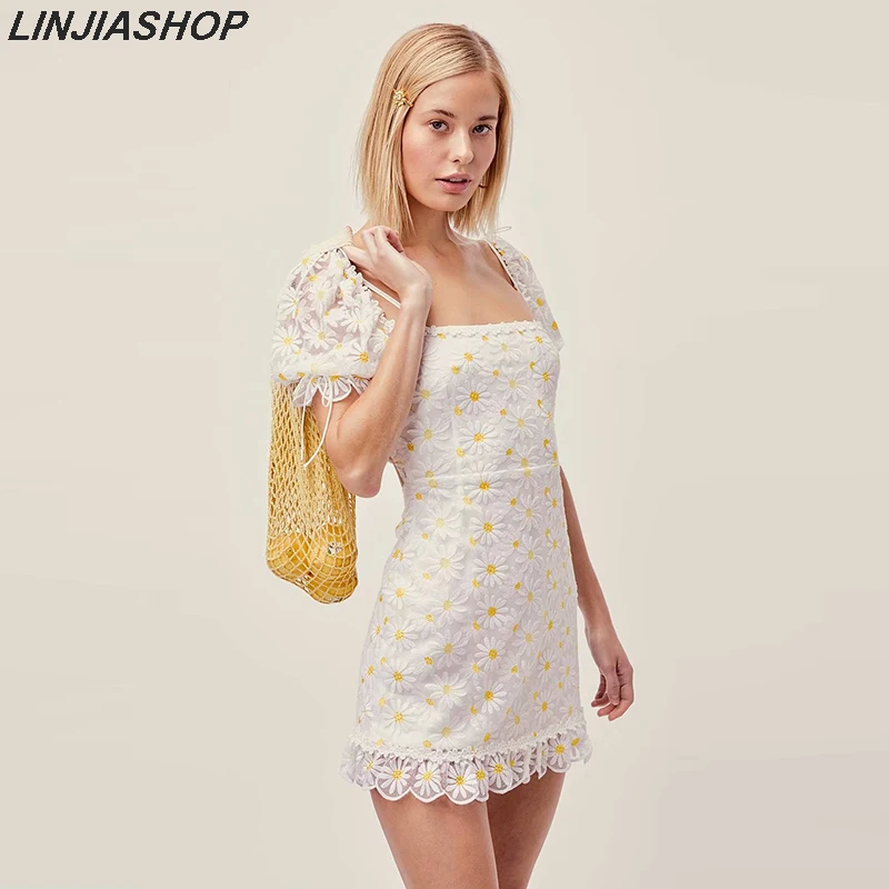 

For love Brulee Daisy Mini Dress Women Soft Tulle Hidden Zip At Back Lace Trim Lining Allover Floral Embroidery Summer dress