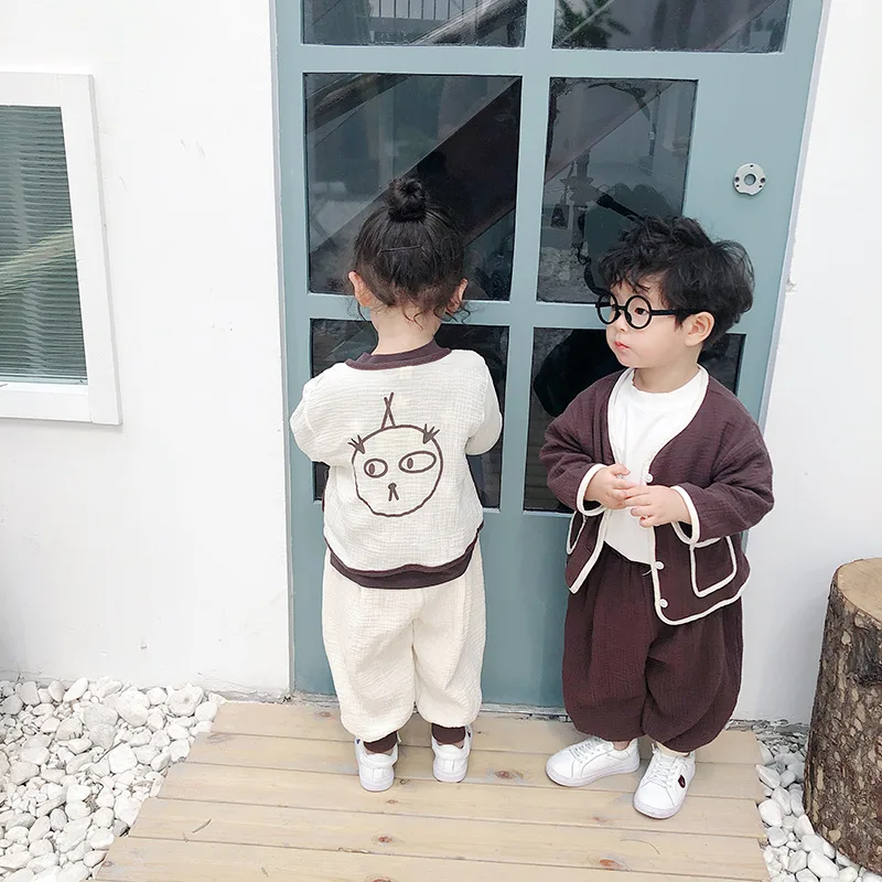 Japanese style boys girls cartoon pure cotton clothes sets kids single-breasted long sleeve jacket+ loose pants 2pcs suits