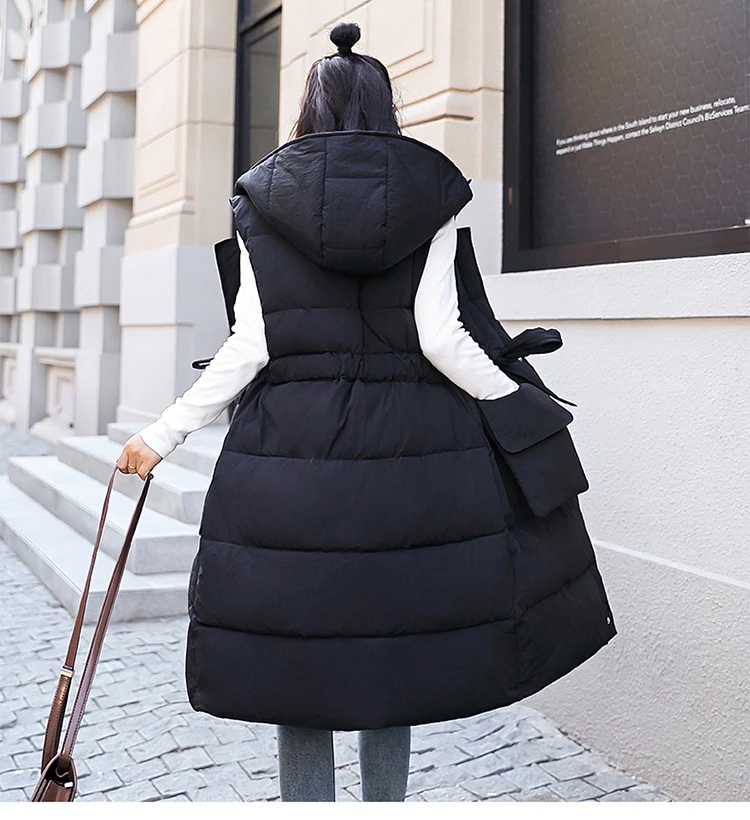 Осень зима оранжевый черный жилет женский жилет без рукавов вниз длинный хлопковый жилет куртка с капюшоном теплая верхняя одежда