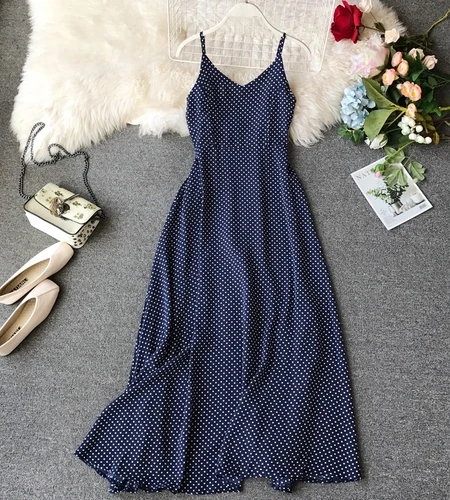 Женское пляжное праздничное платье в горошек, Повседневное платье, богемное длинное летнее платье без рукавов, Vestidos G372 - Цвет: Синий