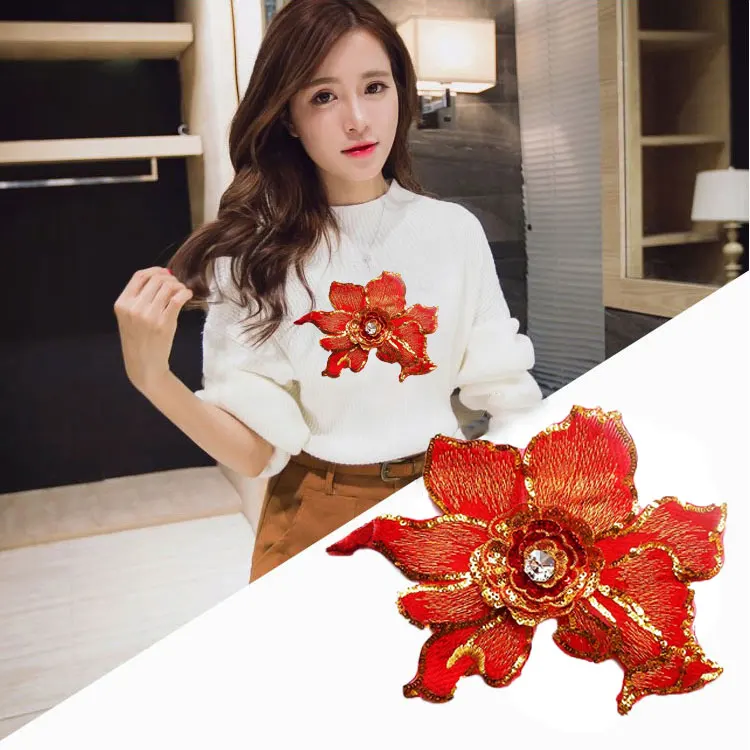 

Sale 3D Flowers Patch For Clothing Fabric Rose Applique With Sequin Rhinestone Embroidered Yarn Stage Clothes Diy Accessories