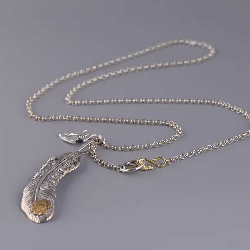 

S925 Silver Retro Fashion Circle Necklace Eagle Feather Pendant Set Chain Men's Necklace