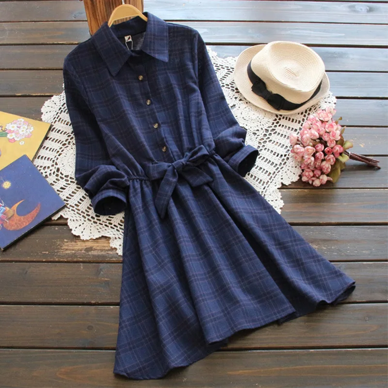 

2017 Sweet Spring Elegant Blue Plaid Bow Sashes Shirt Dress Women Japanese Full Sleeve Loose Lapel Mori Girl Dresses U537