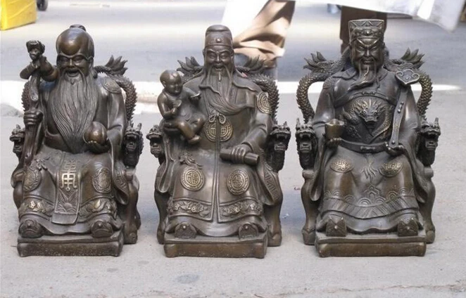 

006291 China pure Bronze carved Dragon Chair Three Longevity God Fu Lu Shou Buddha Set