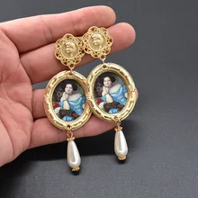 2019 barroco vintage exagerate gota pendientes mujeres grande larga pintura al óleo perla pendientes oro boda joyería Retro moda nuevo