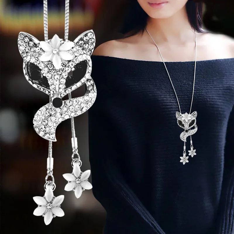 

SINLEERY Lovely Rhinestone Fox Necklace Adjusted Double Line Opal Flower Pendant For Women Animal Jewelry Accessories MY049 SSB