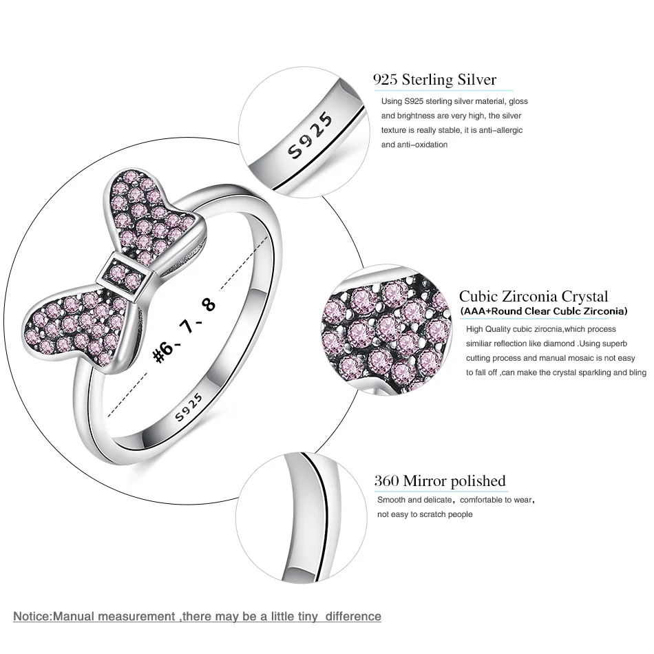 ELESHE Cartoon Disny Minnie's Sparkling Bow Ring with Pink Clear CZ 100% 925 Sterling Silver Rings Jewelry 2018 New Collection