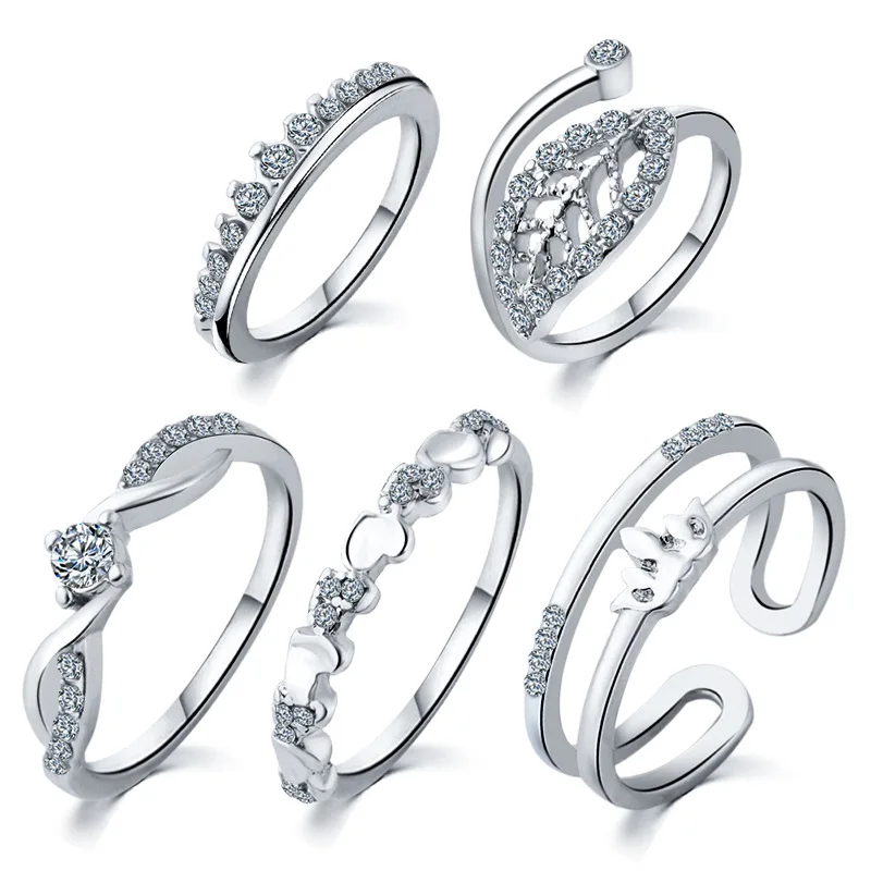 

5 PCs Women 'S Rings Set Love Heart Shape Leaf Pattern Rhinestone Decor Accessory Heart Leaves Crown Set Ring leaves Five Pieces
