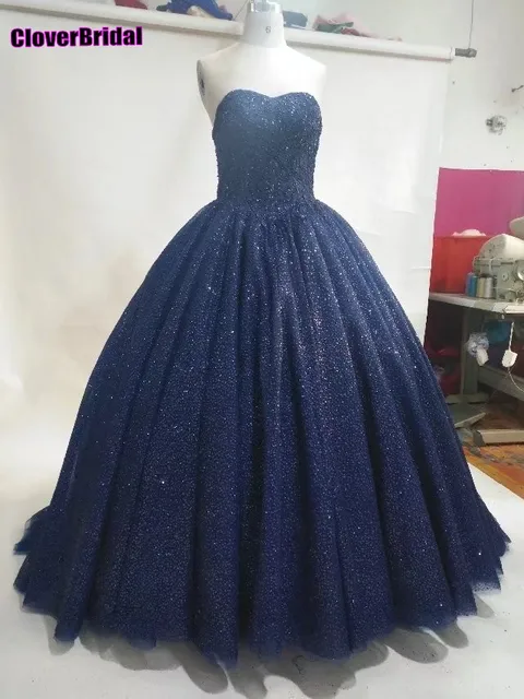 navy blue glitter prom dress