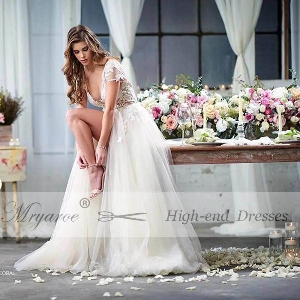 Mryarce Sexy V Neck Lace Appliques Tulle A Line Open Legs Open Back Wedding Dress Bridal Gowns  (4)