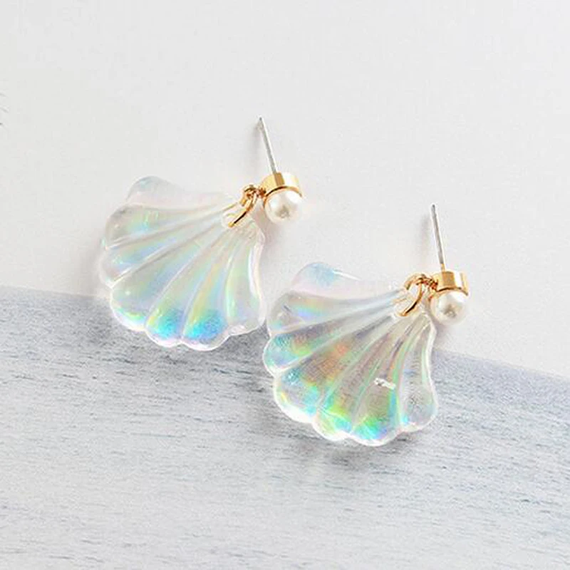 

New Women Holiday Clear Resin Shell Simulated-pearl Drop Earrings Simple Shell Dangle Earrings For Spring Summer Holiday