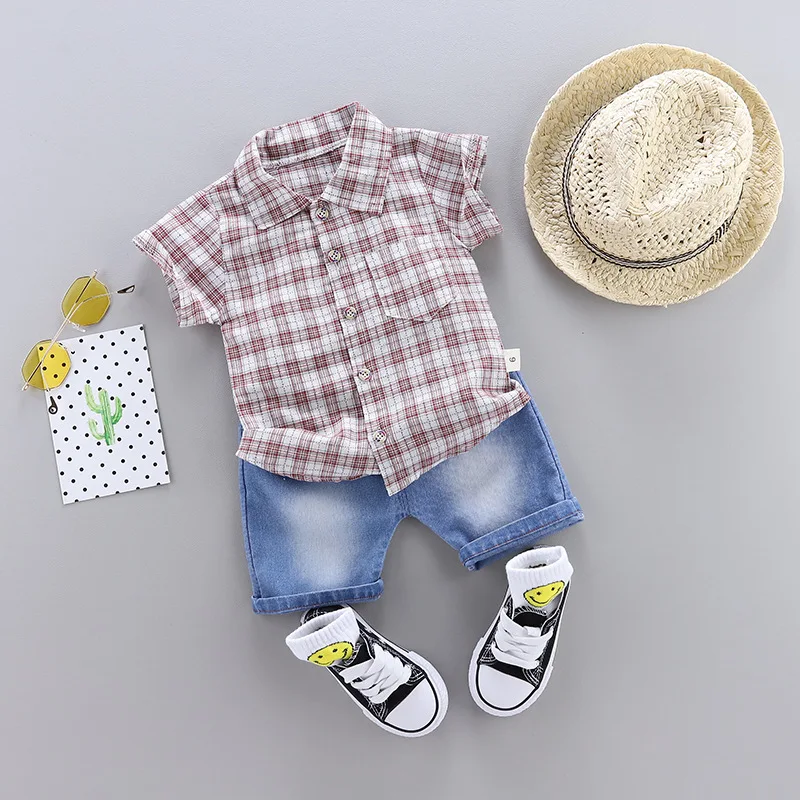 

2019 New Summer Children's Boys And Girls Plaid Short-sleeved Korean Fashion Tide Lapel Shirt Denim Shorts 2Pcs/set
