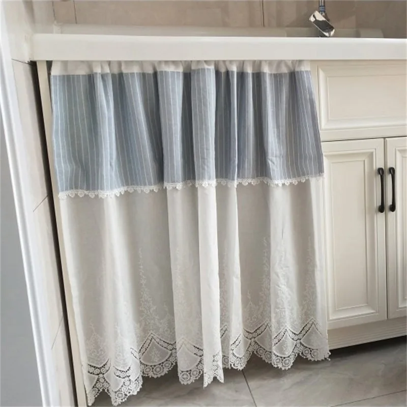 Белая кружевная Короткая занавеска для кухни, двери шкафа светло-голубые двойные шторы для гостиной, спальни, украшения окна QT039#4