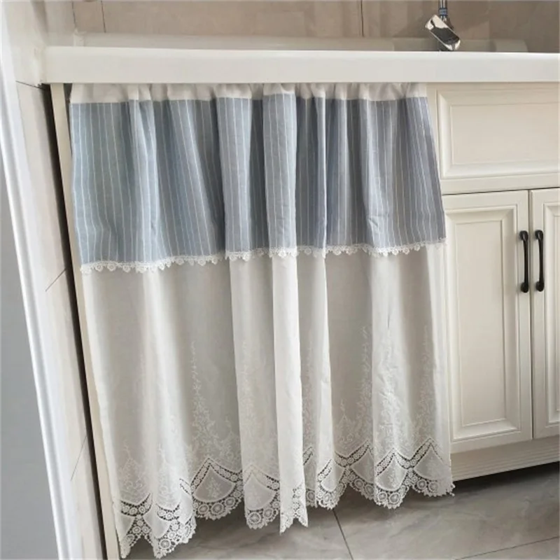 

White Lace Short Curtain For Kitchen Cabinet Door Light Blue Double Curtains For Living Room Bedroom Window Decoration QT039#4