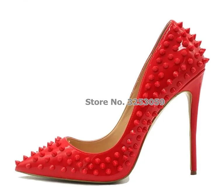 ALMUDENA/низкая цена; новые брендовые туфли-лодочки на высоком каблуке с заклепками; распродажа; свадебные туфли с шипами розового, красного, золотистого и телесного цвета на высоком каблуке 12 см - Цвет: red  12cm heel