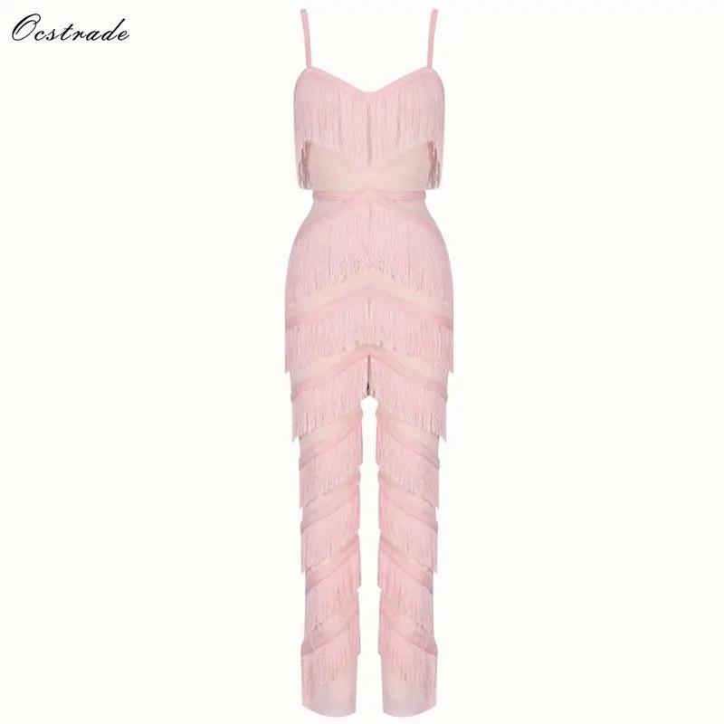 

Ocstrade Hot New Trends 2019 Sexy V Neck Pink Sheer Mesh and Fringed Women Jumpsuit Bodycon Party Jumpsuit Romper