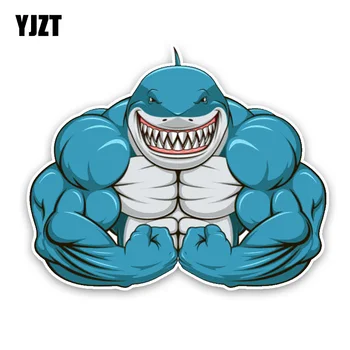 

YJZT 15*12.2CM Interesting Aggressive Shark Exercise The Muscle Cartoon Colored PVC High Quality Car Sticker Decoration C1-5424