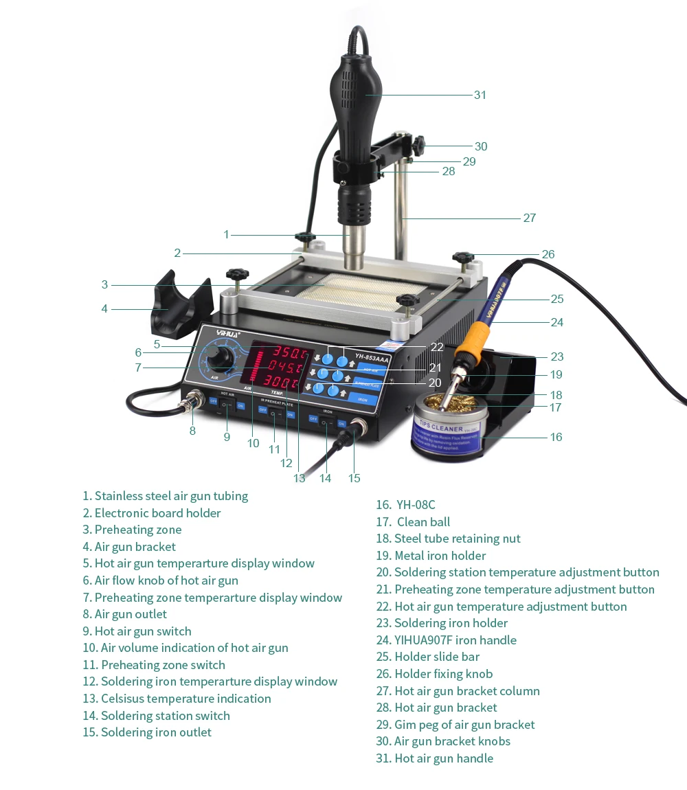 YIHUA 853AAA Bga паяльная станция SMD горячий воздушный пистолет паяльники станция предварительного нагрева функции 3 в 1 BGA паяльная станция