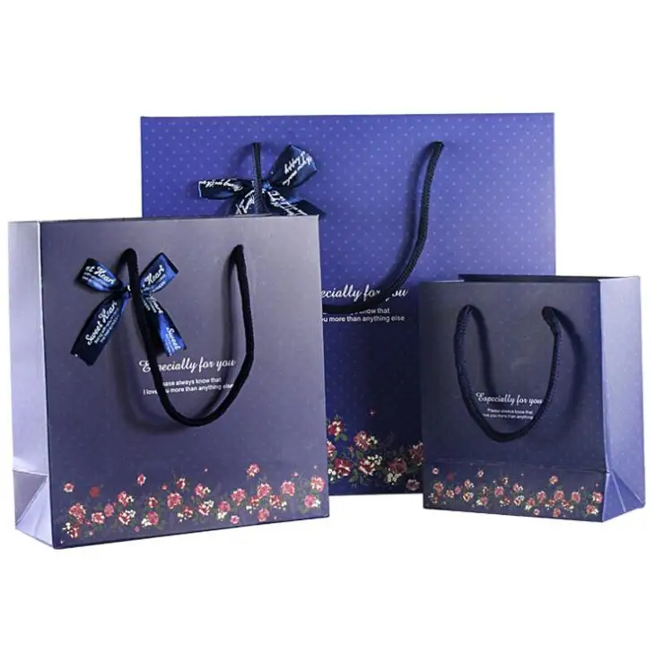 Напечатанная бумага Bord бумажная Подарочная сумка с ручками шнурок высокого качества сумки, используемые для сувенир для свадебной вечеринки Пасхальный день подарочная упаковка - Цвет: Navy With Flower