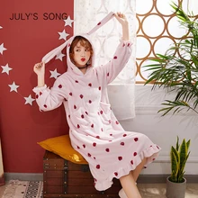 JULY'S SONG осень-зима фланелевая Ночная рубашка милый кролик уши с длинным рукавом с капюшоном халат женский домашний костюм Толстая теплая одежда для сна
